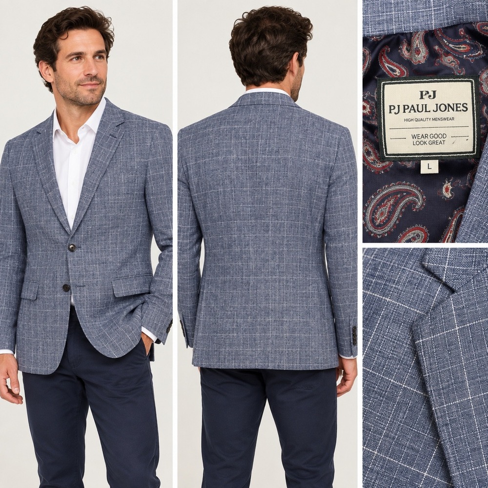 PJ Paul Jones Blazer Mens Large Blue Windowpane Plaid Preppy Two Button Jacket